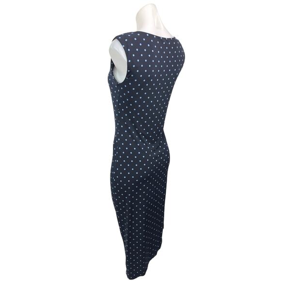 Vince Camuto Navy Blue Polka Dots Sleeveless Ruched Knit Midi Bodycon Dress XS - Picture 2 of 5